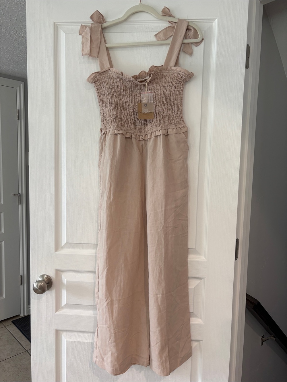 Blu Pepper Beige Tie-Shoulder Smocked Jumpsuit